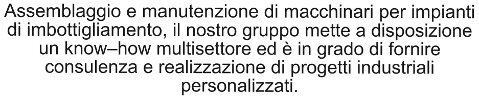 Assemblaggio e manutenzione di macchinari per impianti di imbottigliamento, il nostro gruppo mette a disposizione un know–how multisettore ed è in grado di fornire consulenza e realizzazione di progetti industriali personalizzati.